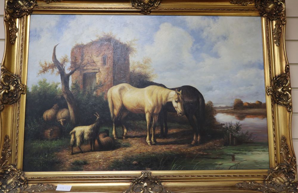 Modern oil on canvas of horses and goats beside a stream, 60 x 90cm